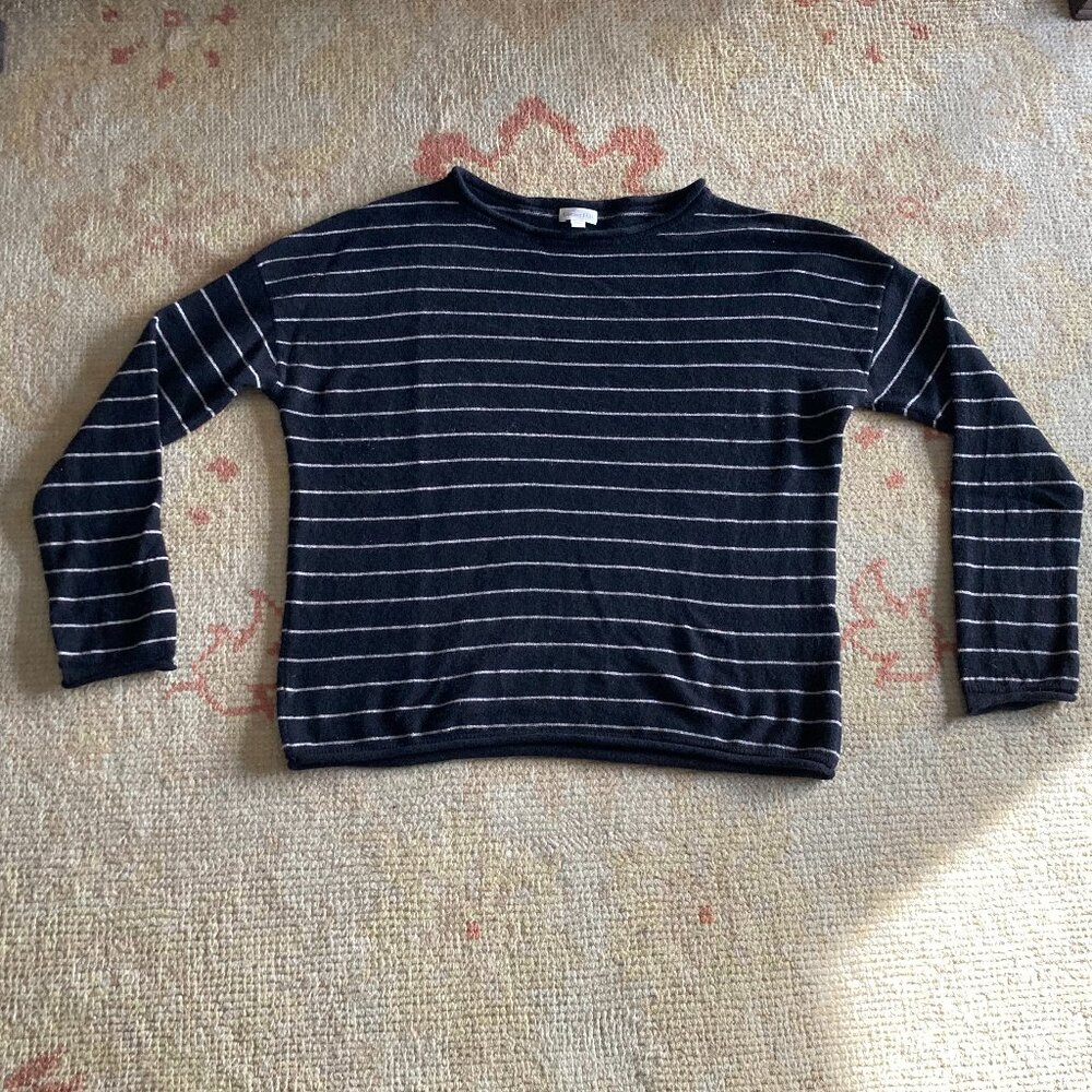 Garnet Hill 100% Cashmere Black White Stripe Crew Neck Sweater, L
